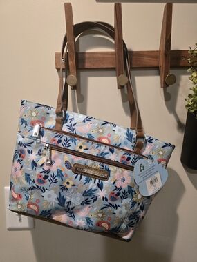 Lily Bloom Floral Multi-Color Tote Bag with Brown Straps